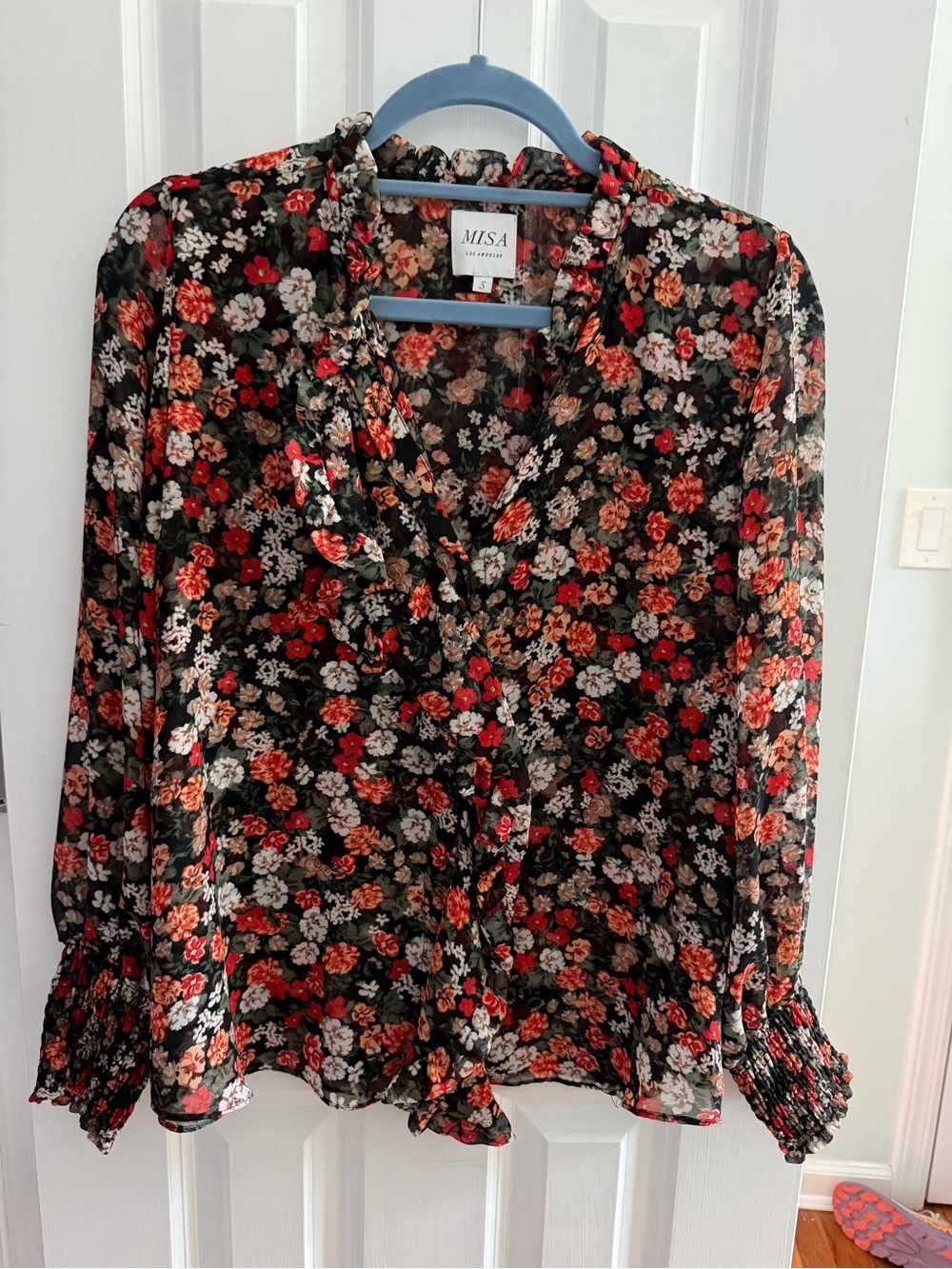 Misa Los Angeles Black Sheer Floral Ruffle Blouse - Red & Cream Flowers sz small